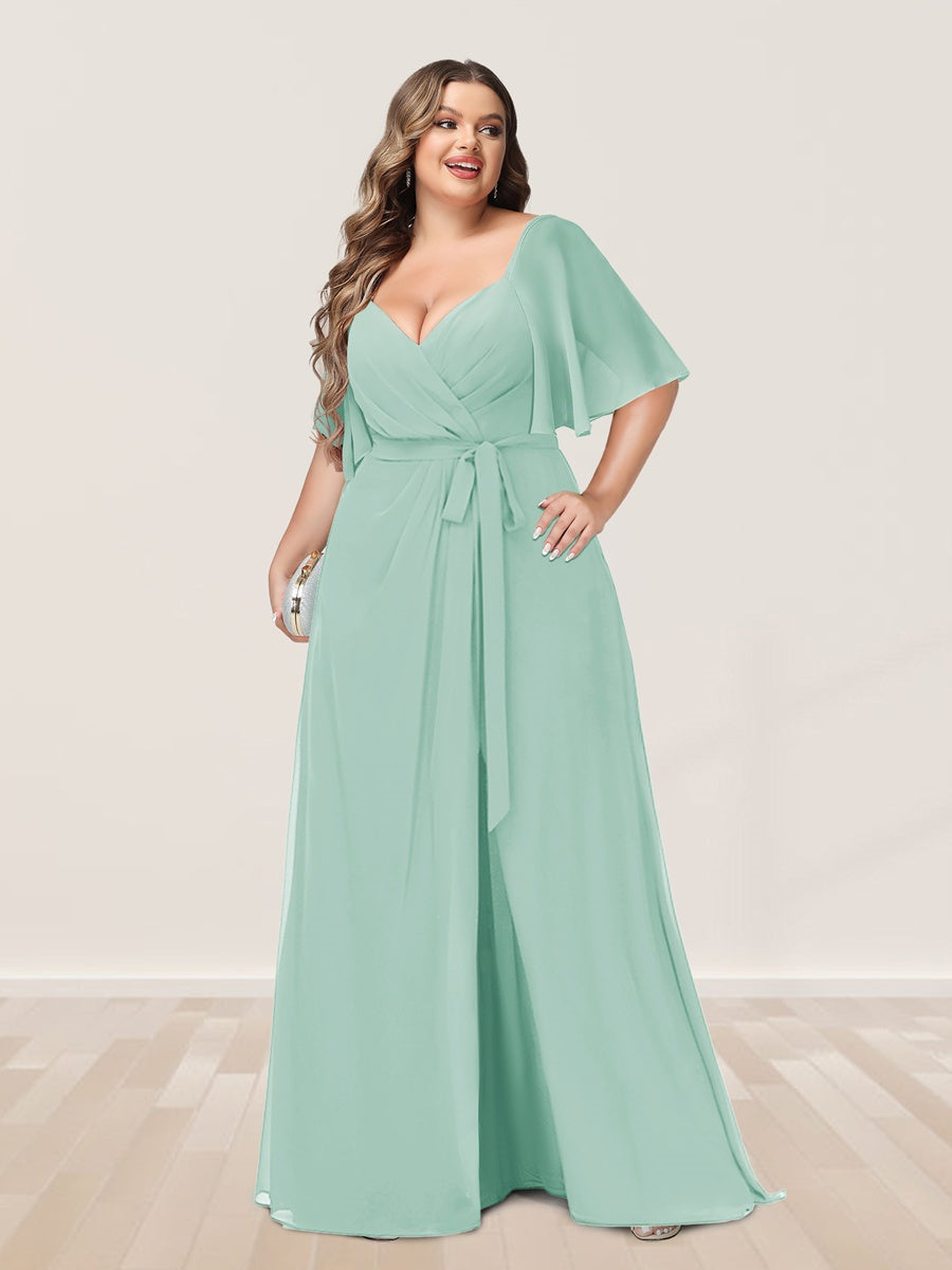 Plus Size V-Neck A-Line Bridesmaid Dress with Side Split and Half Sleeves