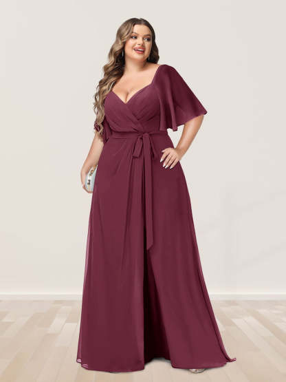 Plus Size V-Neck A-Line Bridesmaid Dress with Side Split and Half Sleeves