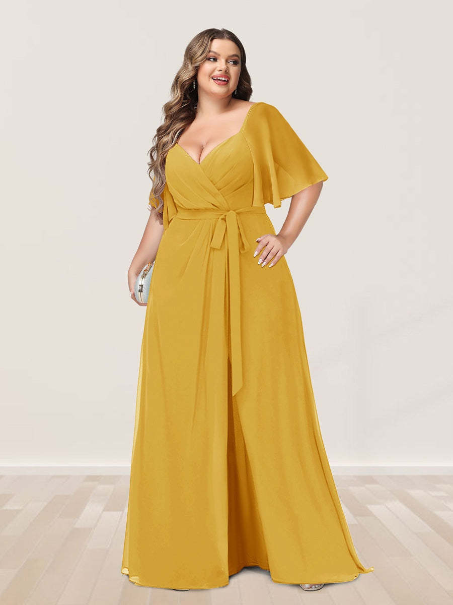 Plus Size V-Neck A-Line Bridesmaid Dress with Side Split and Half Sleeves