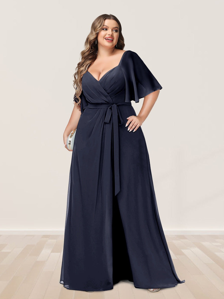 Plus Size V-Neck A-Line Bridesmaid Dress with Side Split and Half Sleeves