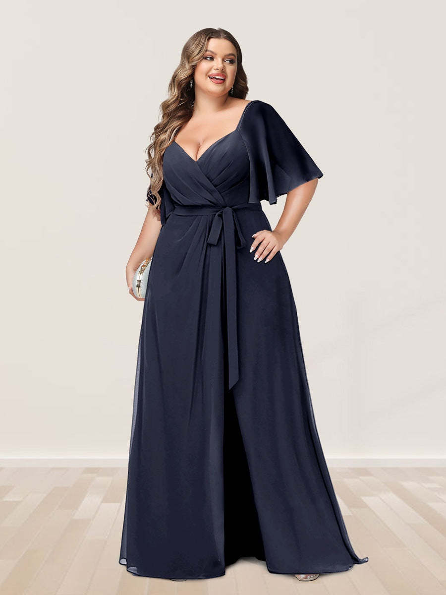 Plus Size V-Neck A-Line Bridesmaid Dress with Side Split and Half Sleeves