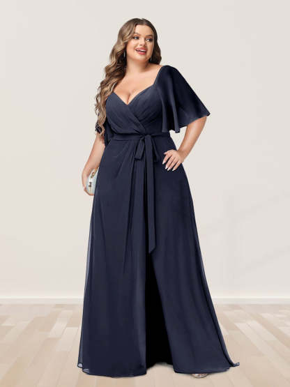 Plus Size V-Neck A-Line Bridesmaid Dress with Side Split and Half Sleeves