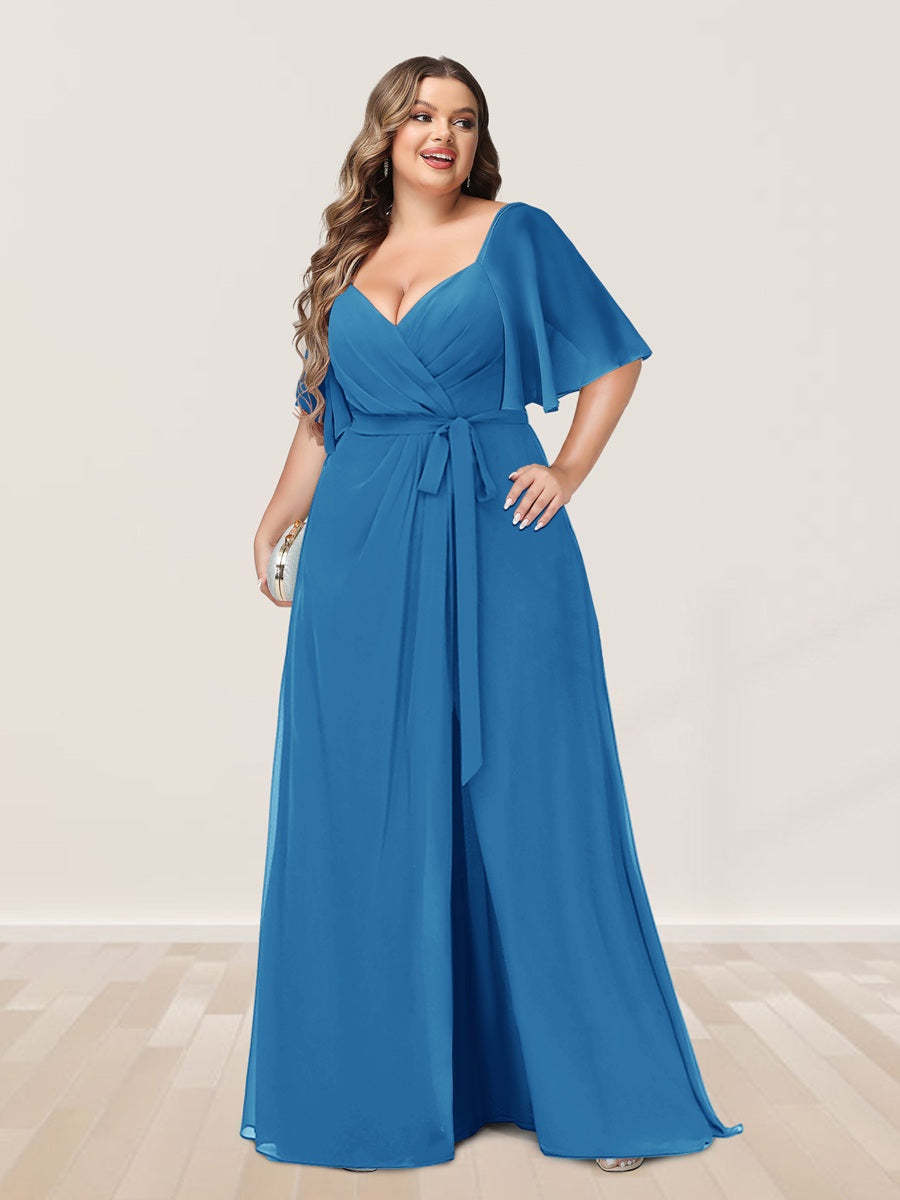 Plus Size V-Neck A-Line Bridesmaid Dress with Side Split and Half Sleeves