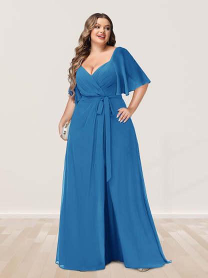 Plus Size V-Neck A-Line Bridesmaid Dress with Side Split and Half Sleeves