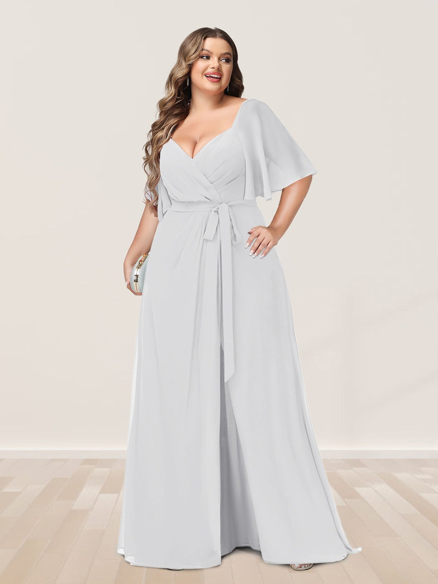 Plus Size V-Neck A-Line Bridesmaid Dress with Side Split and Half Sleeves