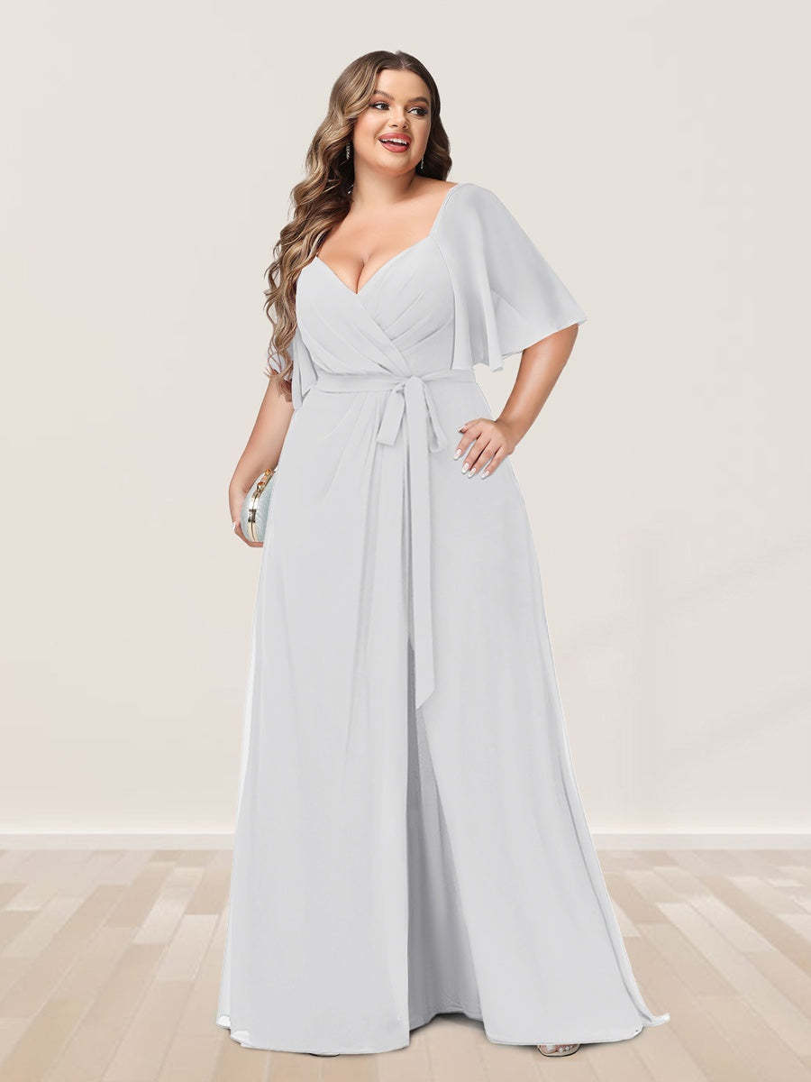 Plus Size V-Neck A-Line Bridesmaid Dress with Side Split and Half Sleeves