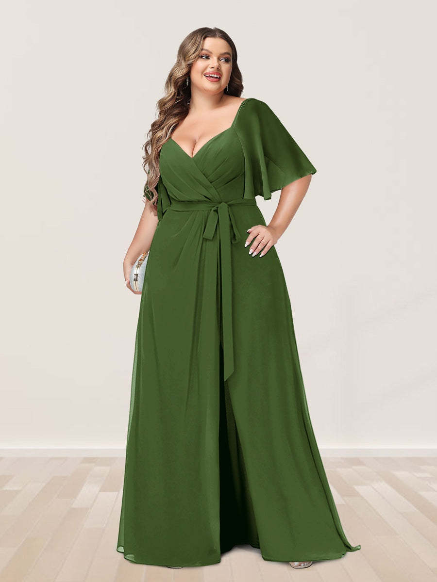 Plus Size V-Neck A-Line Bridesmaid Dress with Side Split and Half Sleeves