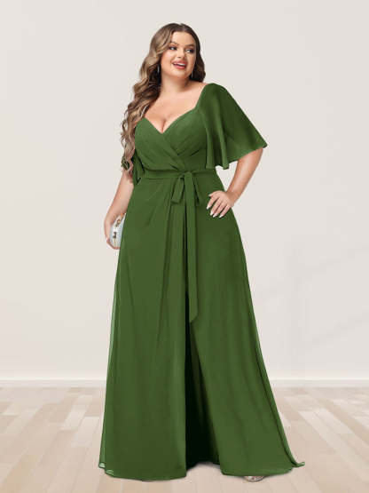 Plus Size V-Neck A-Line Bridesmaid Dress with Side Split and Half Sleeves