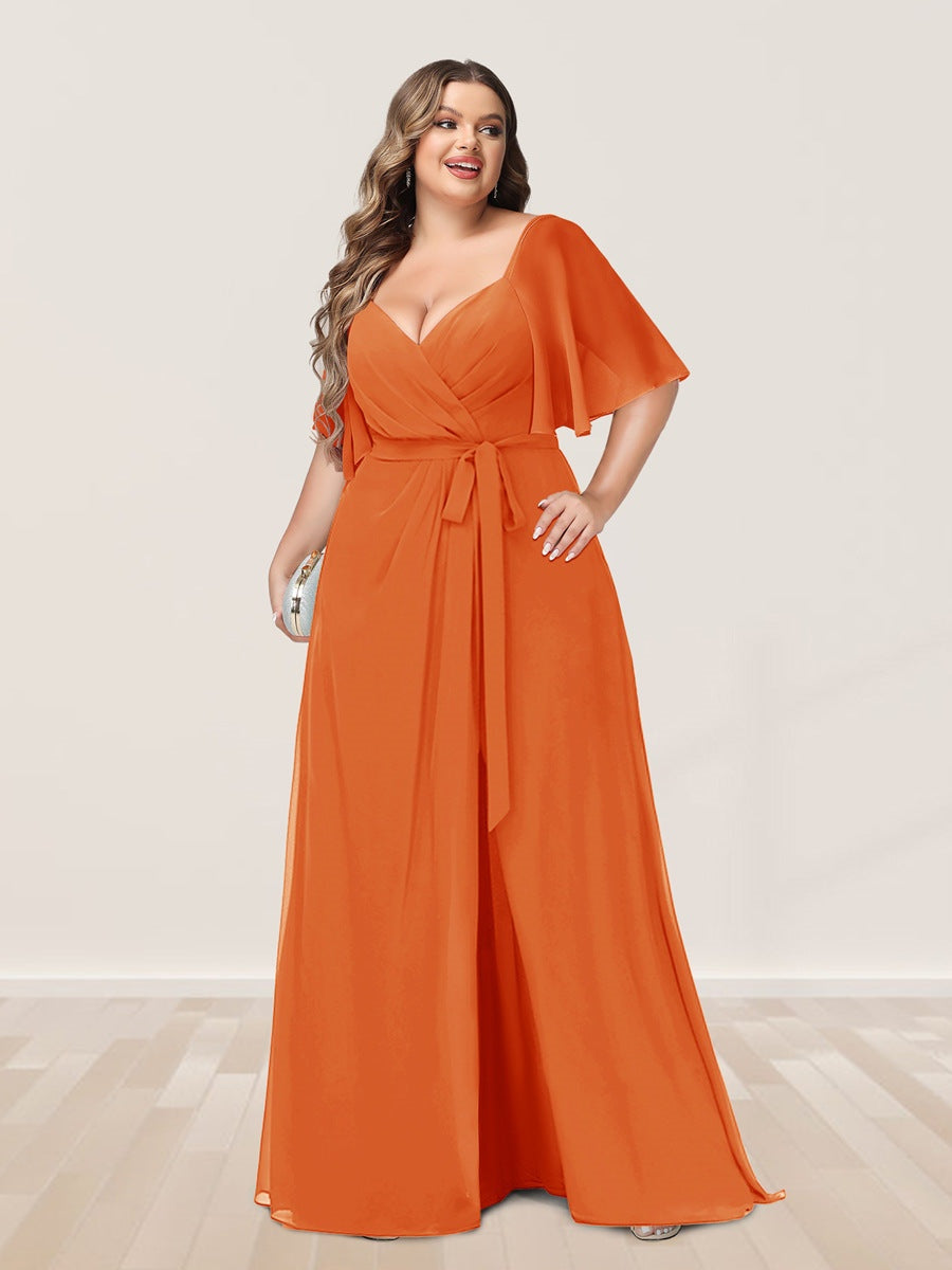 Plus Size V-Neck A-Line Bridesmaid Dress with Side Split and Half Sleeves