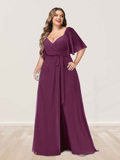 Plus Size V-Neck A-Line Bridesmaid Dress with Side Split and Half Sleeves