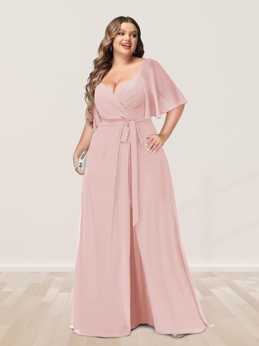 Plus Size V-Neck A-Line Bridesmaid Dress with Side Split and Half Sleeves
