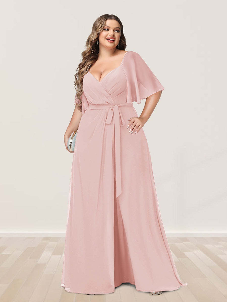 Plus Size V-Neck A-Line Bridesmaid Dress with Side Split and Half Sleeves