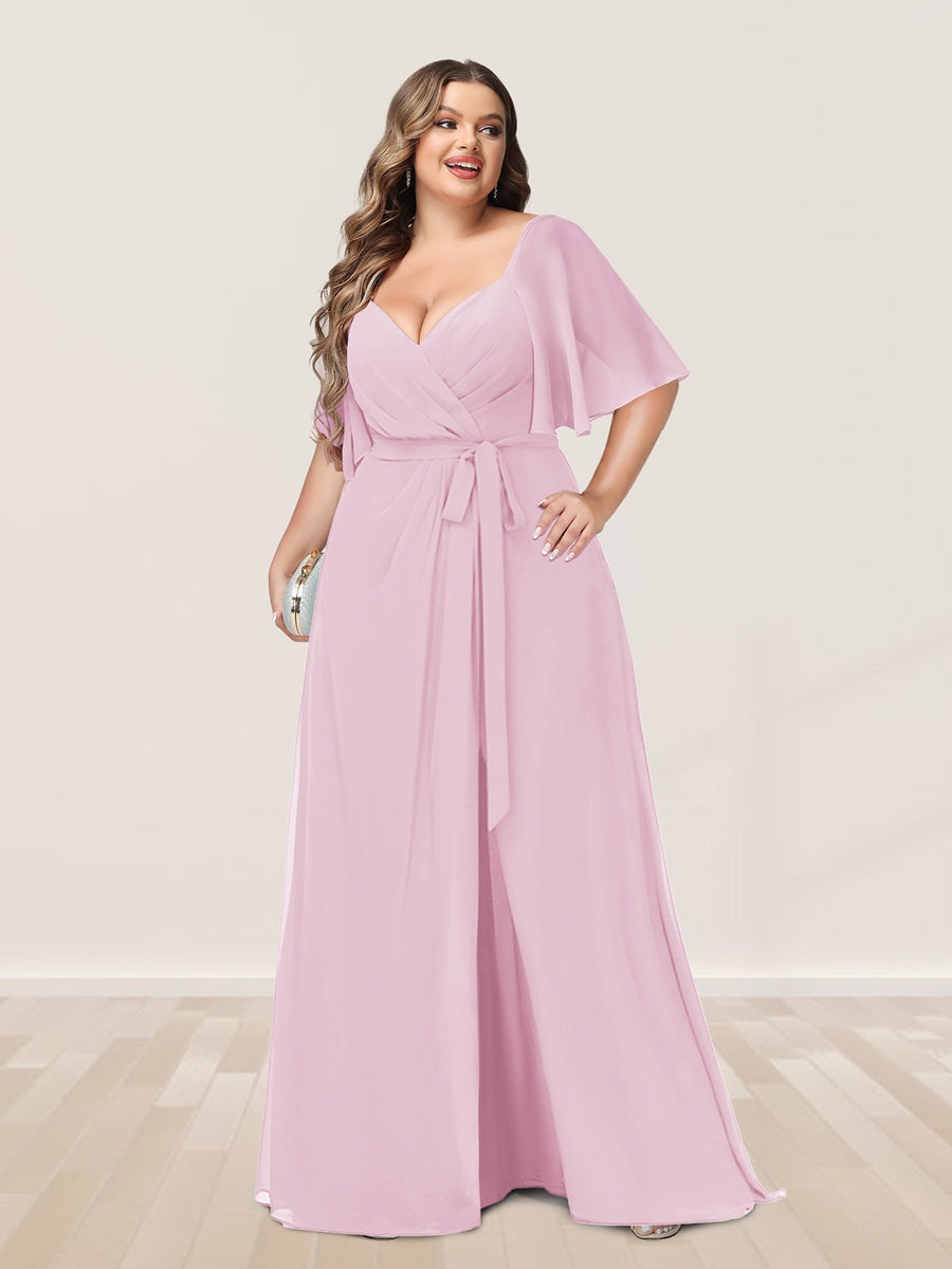 Plus Size V-Neck A-Line Bridesmaid Dress with Side Split and Half Sleeves