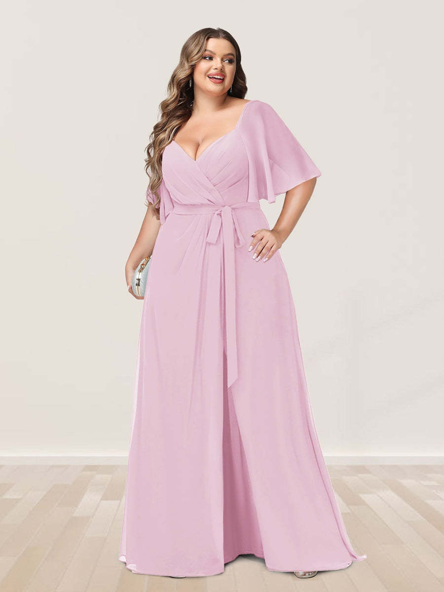 Plus Size V-Neck A-Line Bridesmaid Dress with Side Split and Half Sleeves