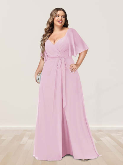 Plus Size V-Neck A-Line Bridesmaid Dress with Side Split and Half Sleeves