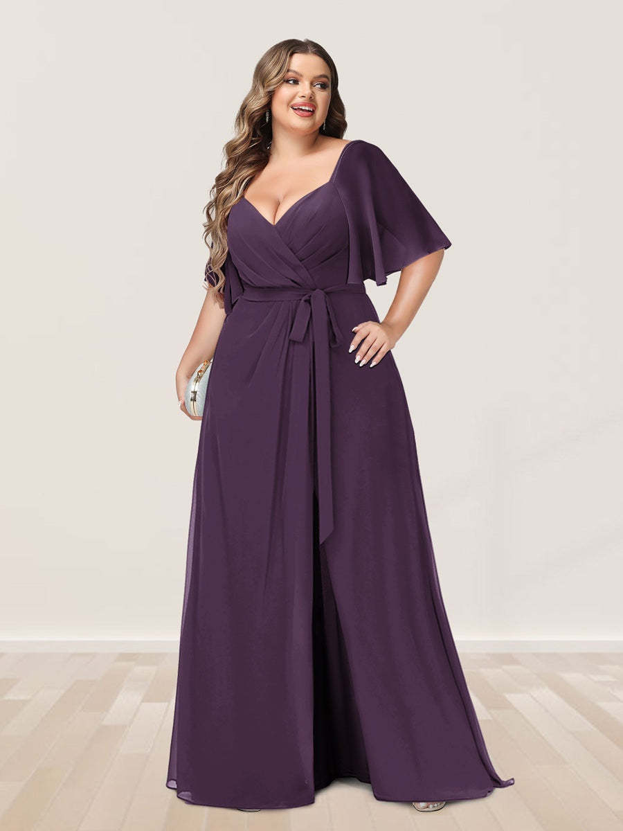 Plus Size V-Neck A-Line Bridesmaid Dress with Side Split and Half Sleeves