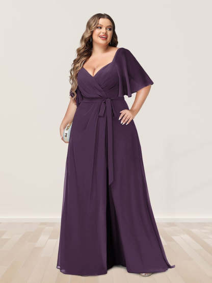 Plus Size V-Neck A-Line Bridesmaid Dress with Side Split and Half Sleeves