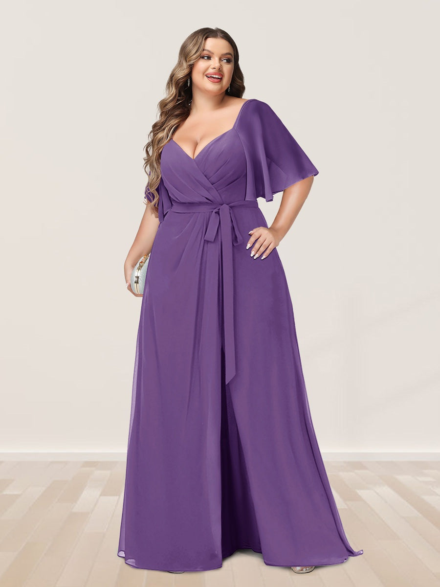 Plus Size V-Neck A-Line Bridesmaid Dress with Side Split and Half Sleeves