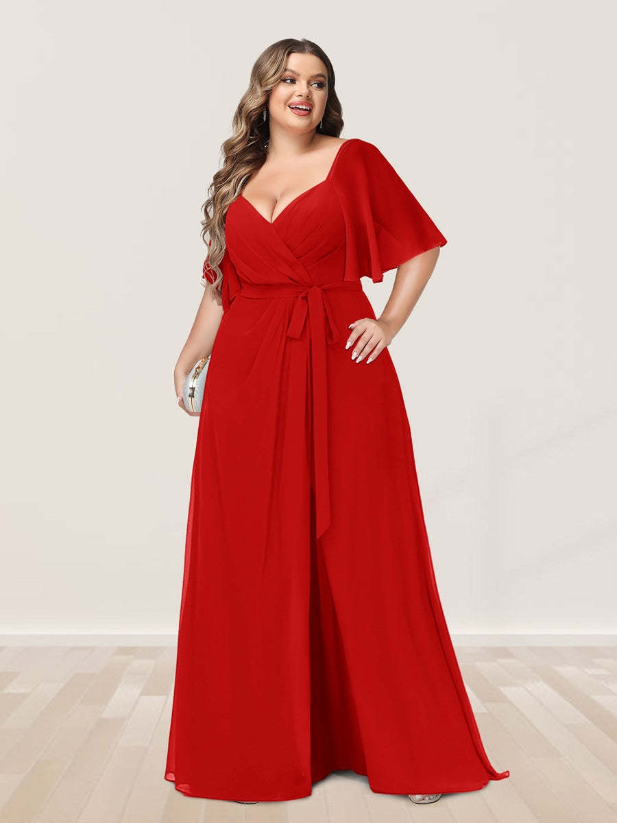 Plus Size V-Neck A-Line Bridesmaid Dress with Side Split and Half Sleeves