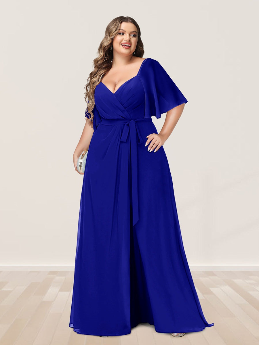 Plus Size V-Neck A-Line Bridesmaid Dress with Side Split and Half Sleeves