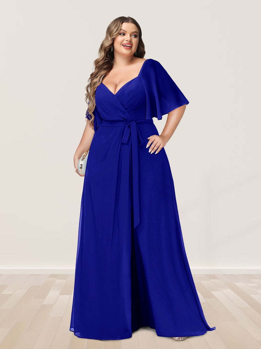 Plus Size V-Neck A-Line Bridesmaid Dress with Side Split and Half Sleeves