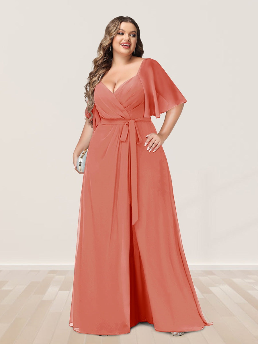 Plus Size V-Neck A-Line Bridesmaid Dress with Side Split and Half Sleeves