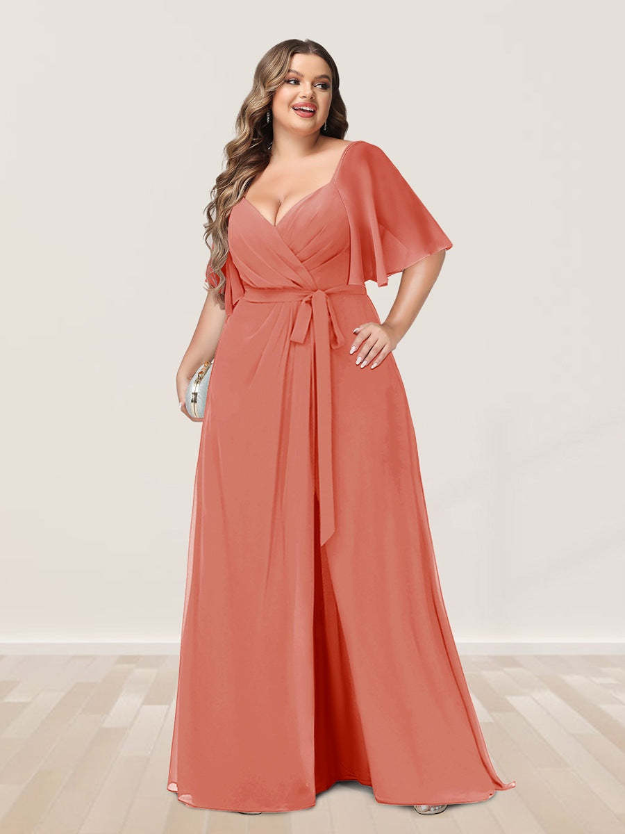 Plus Size V-Neck A-Line Bridesmaid Dress with Side Split and Half Sleeves