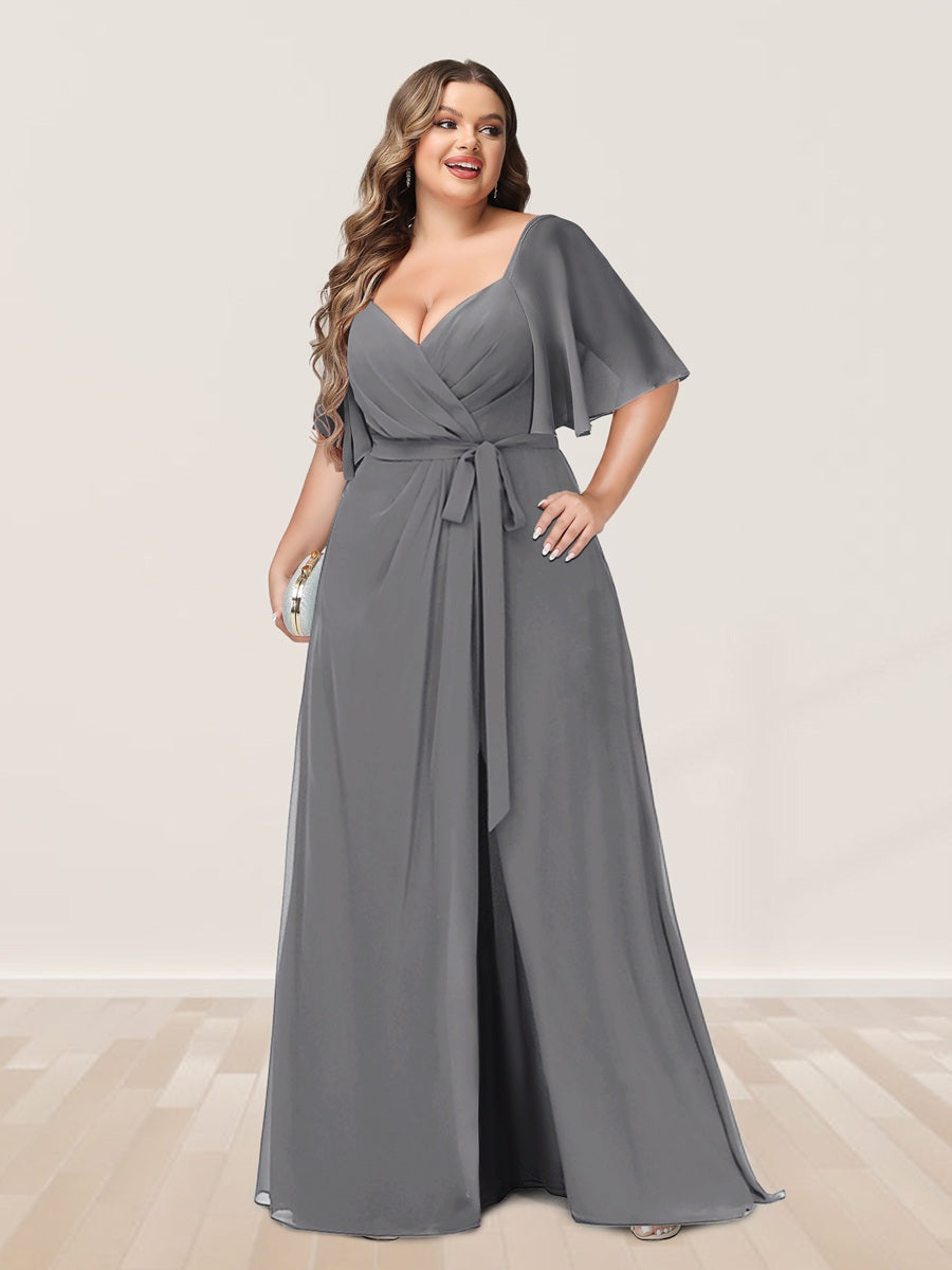 Plus Size V-Neck A-Line Bridesmaid Dress with Side Split and Half Sleeves