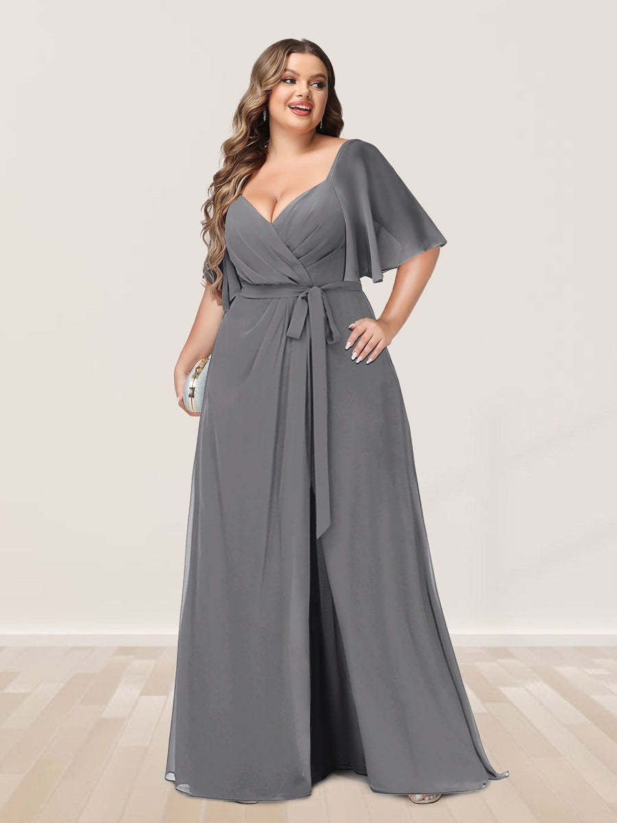 Plus Size V-Neck A-Line Bridesmaid Dress with Side Split and Half Sleeves