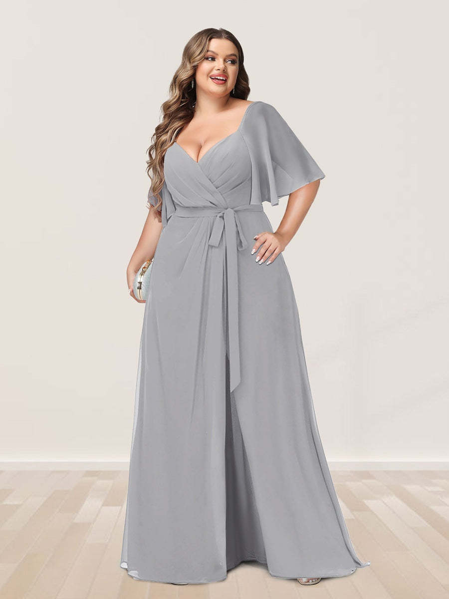Plus Size V-Neck A-Line Bridesmaid Dress with Side Split and Half Sleeves