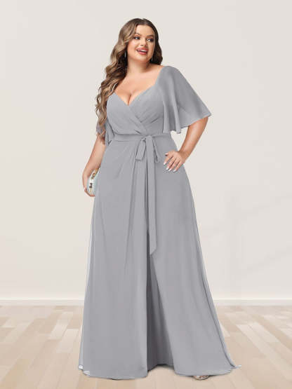 Plus Size V-Neck A-Line Bridesmaid Dress with Side Split and Half Sleeves