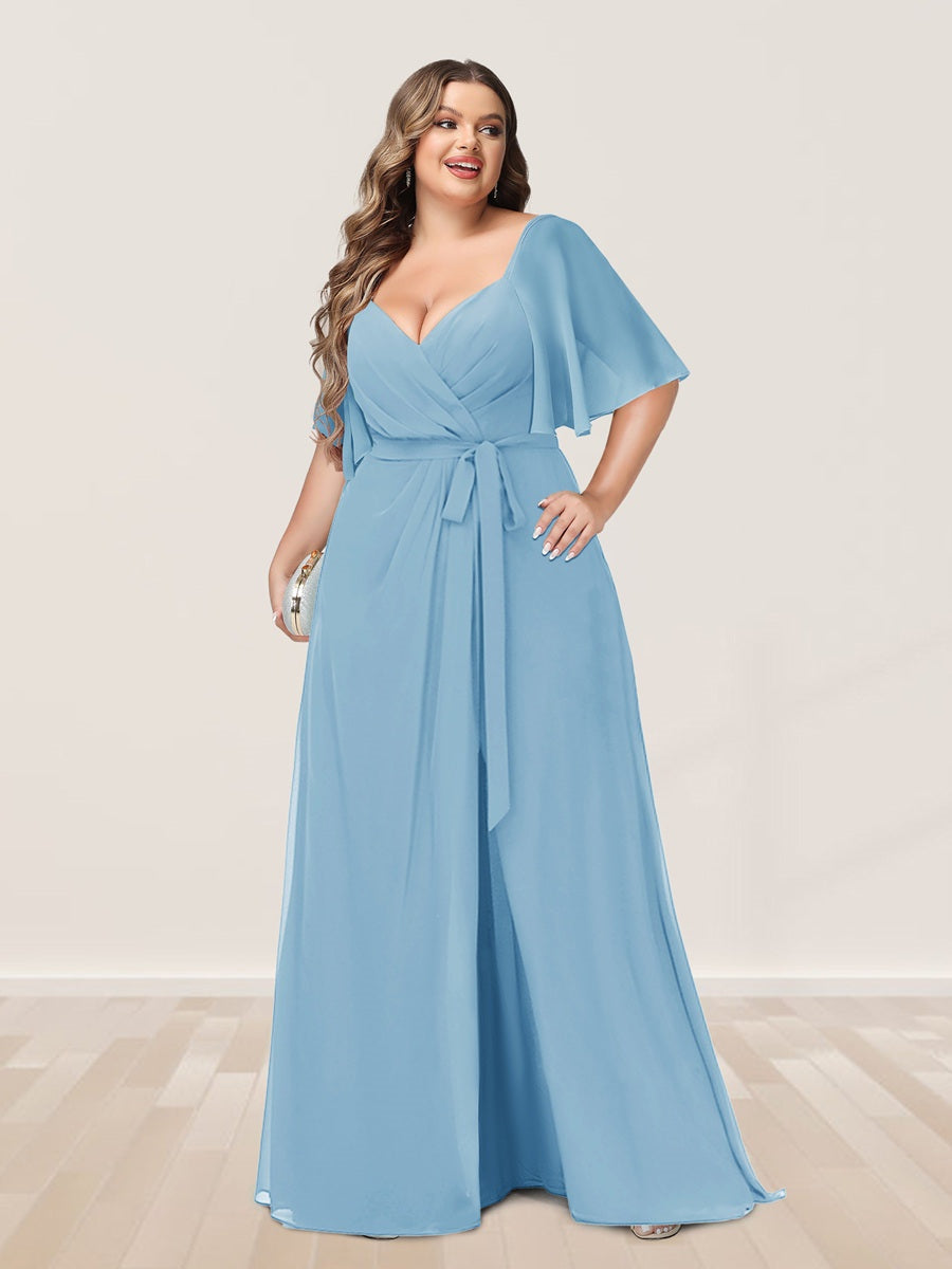Plus Size V-Neck A-Line Bridesmaid Dress with Side Split and Half Sleeves