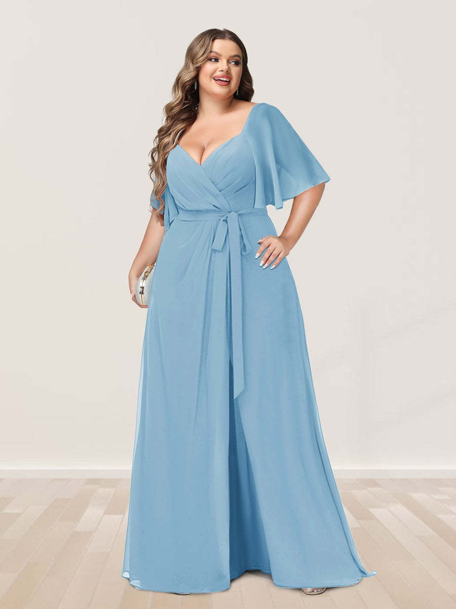 Plus Size V-Neck A-Line Bridesmaid Dress with Side Split and Half Sleeves