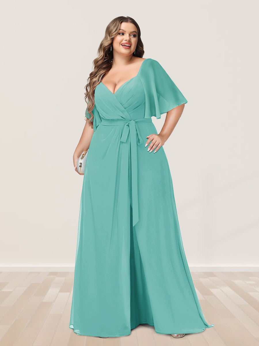 Plus Size V-Neck A-Line Bridesmaid Dress with Side Split and Half Sleeves