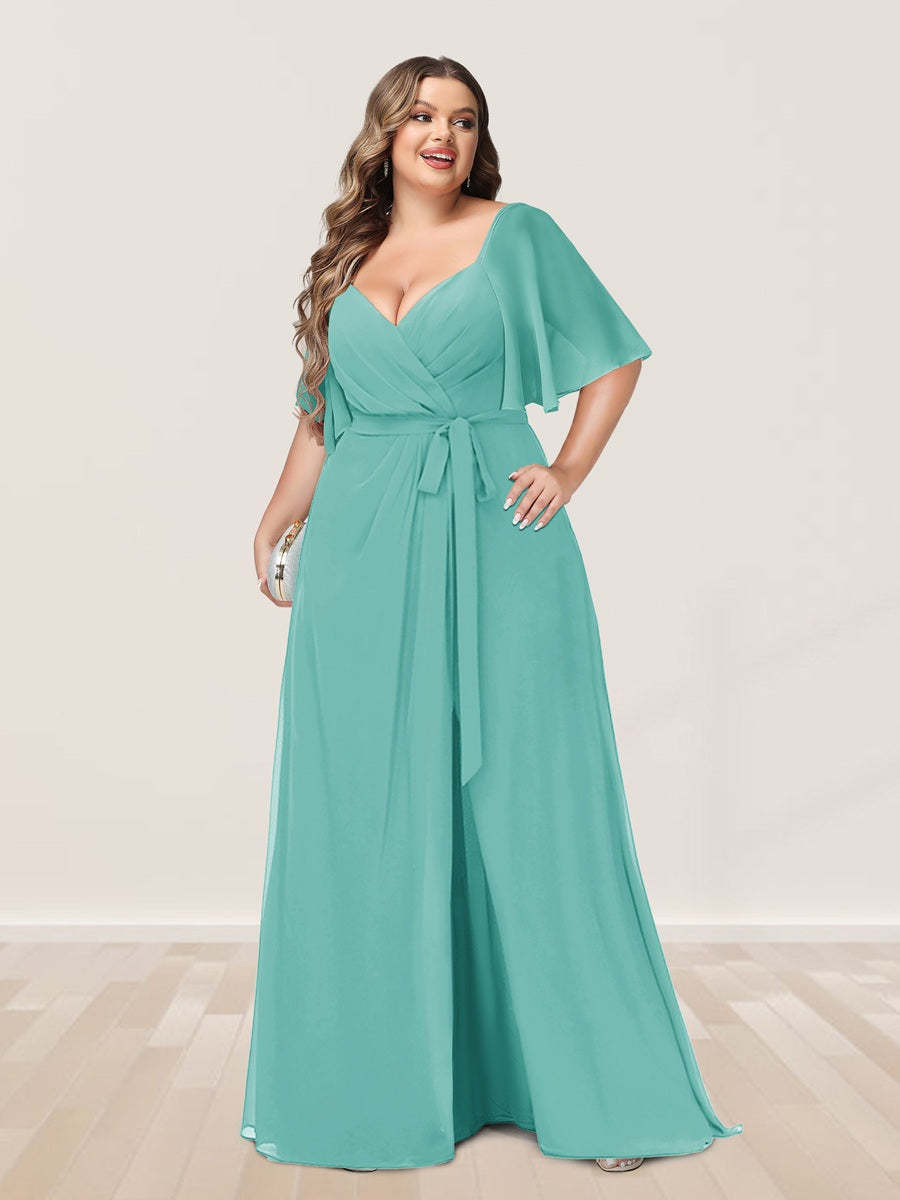 Plus Size V-Neck A-Line Bridesmaid Dress with Side Split and Half Sleeves