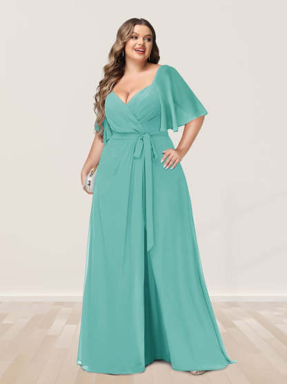 Plus Size V-Neck A-Line Bridesmaid Dress with Side Split and Half Sleeves