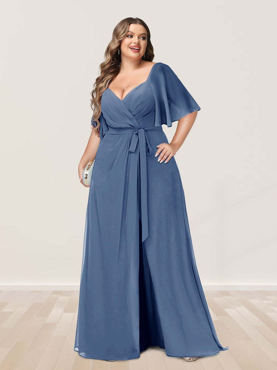 Plus Size V-Neck A-Line Bridesmaid Dress with Side Split and Half Sleeves