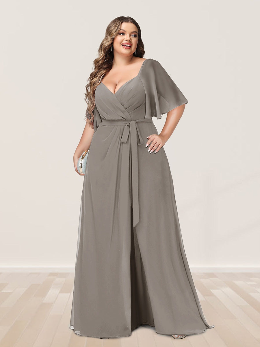 Plus Size V-Neck A-Line Bridesmaid Dress with Side Split and Half Sleeves