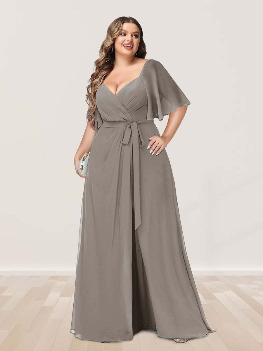 Plus Size V-Neck A-Line Bridesmaid Dress with Side Split and Half Sleeves