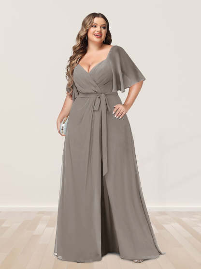 Plus Size V-Neck A-Line Bridesmaid Dress with Side Split and Half Sleeves