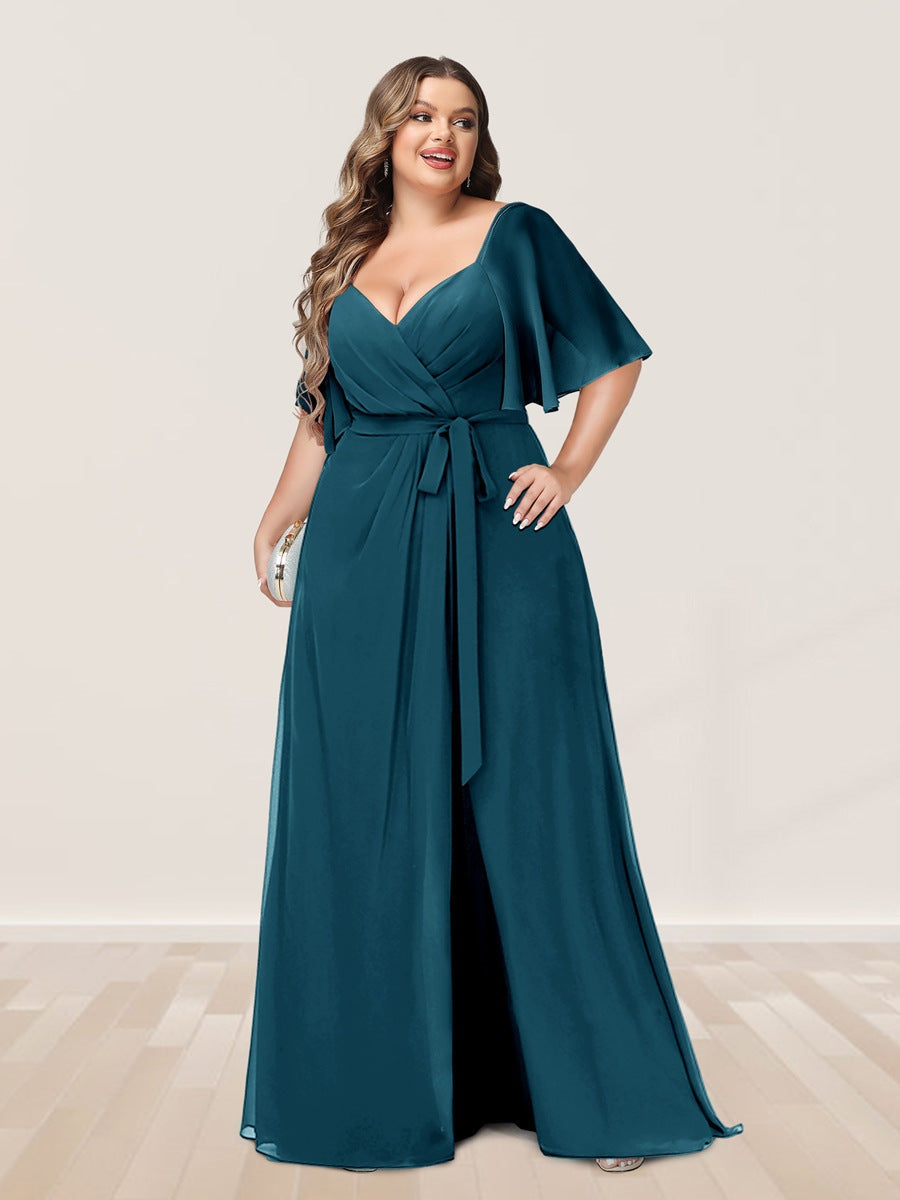 Plus Size V-Neck A-Line Bridesmaid Dress with Side Split and Half Sleeves