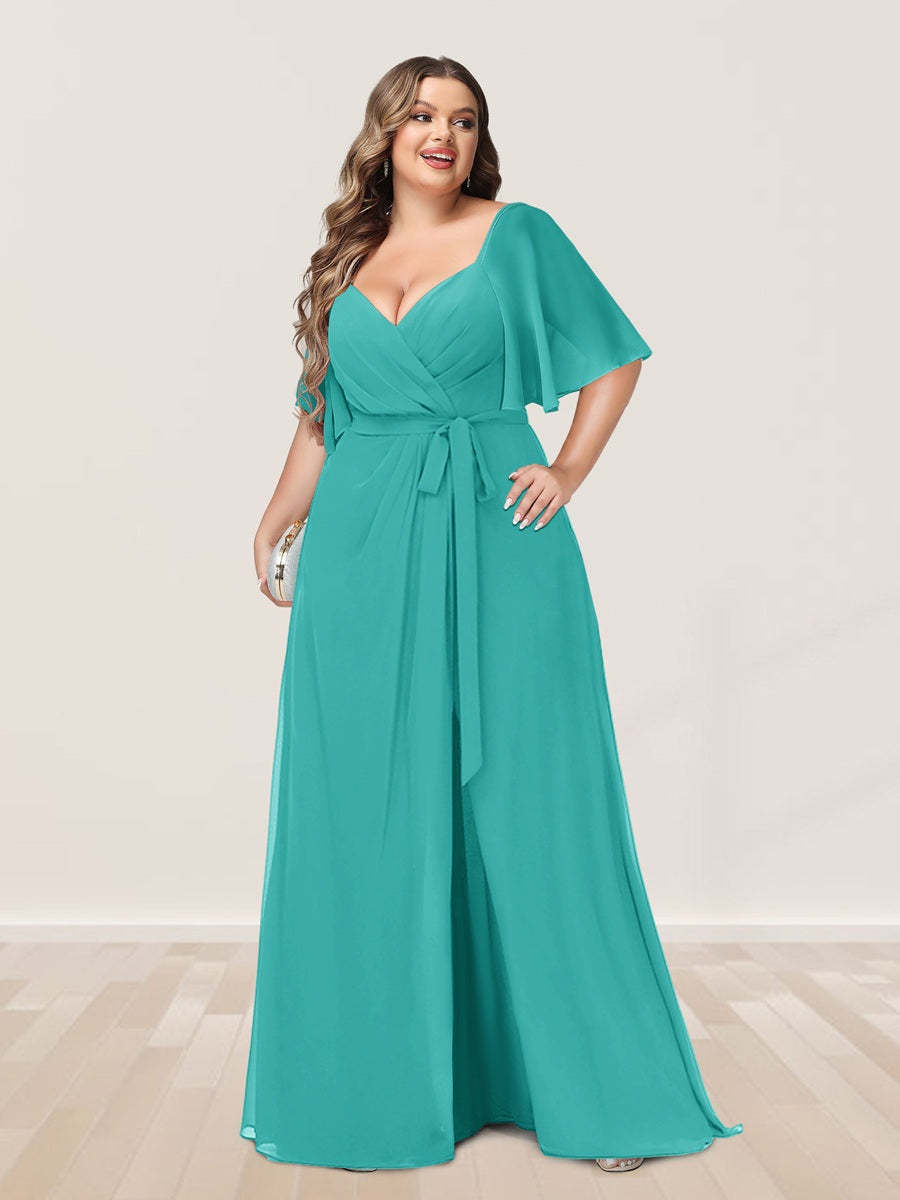Plus Size V-Neck A-Line Bridesmaid Dress with Side Split and Half Sleeves