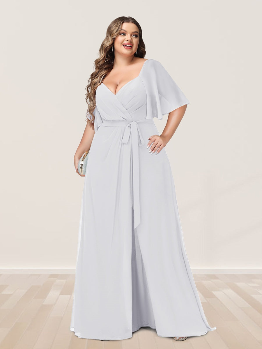 Plus Size V-Neck A-Line Bridesmaid Dress with Side Split and Half Sleeves