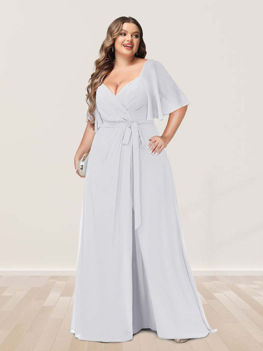 Plus Size V-Neck A-Line Bridesmaid Dress with Side Split and Half Sleeves