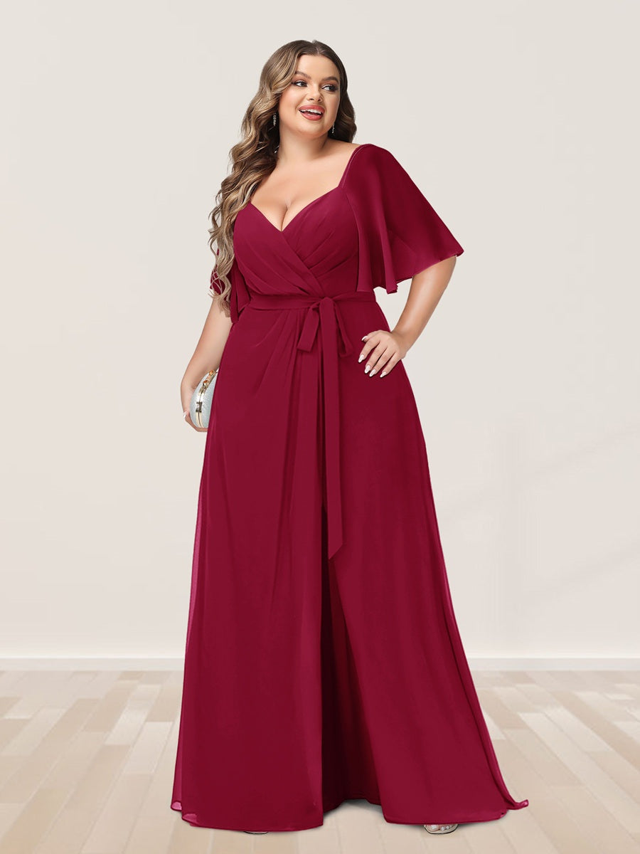 Plus Size V-Neck A-Line Bridesmaid Dress with Side Split and Half Sleeves