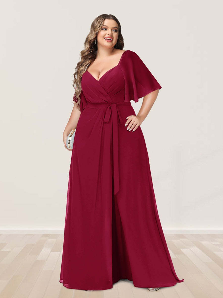 Plus Size V-Neck A-Line Bridesmaid Dress with Side Split and Half Sleeves