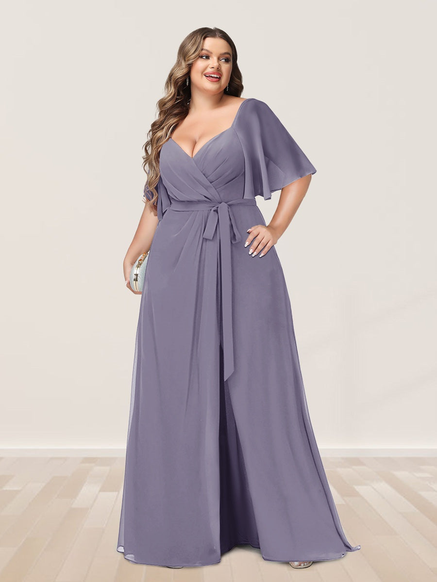 Plus Size V-Neck A-Line Bridesmaid Dress with Side Split and Half Sleeves