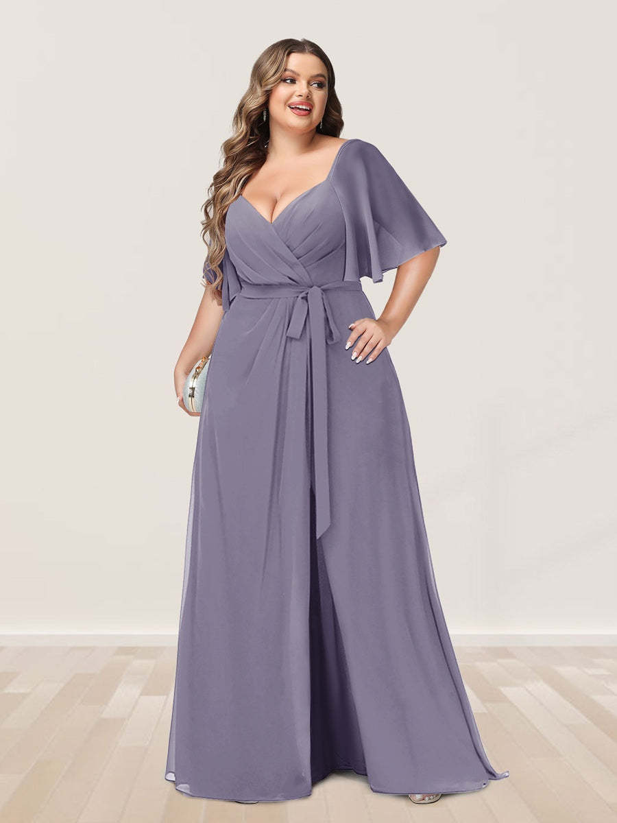 Plus Size V-Neck A-Line Bridesmaid Dress with Side Split and Half Sleeves
