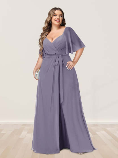 Plus Size V-Neck A-Line Bridesmaid Dress with Side Split and Half Sleeves