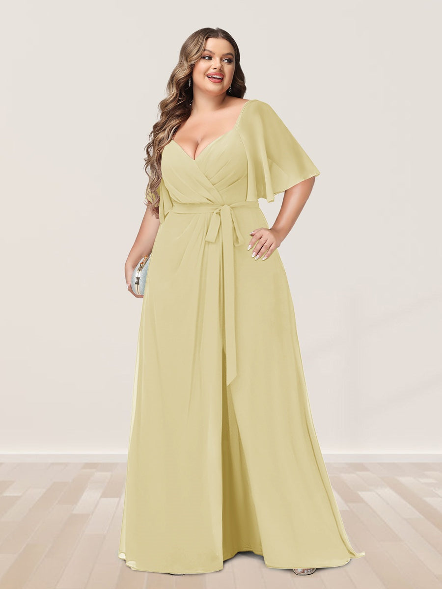 Plus Size V-Neck A-Line Bridesmaid Dress with Side Split and Half Sleeves